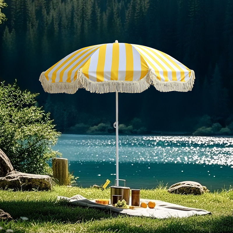 Outdoor Furniture Yellow - 1-piece decorative tassel beach umbrella, yellow-and-white