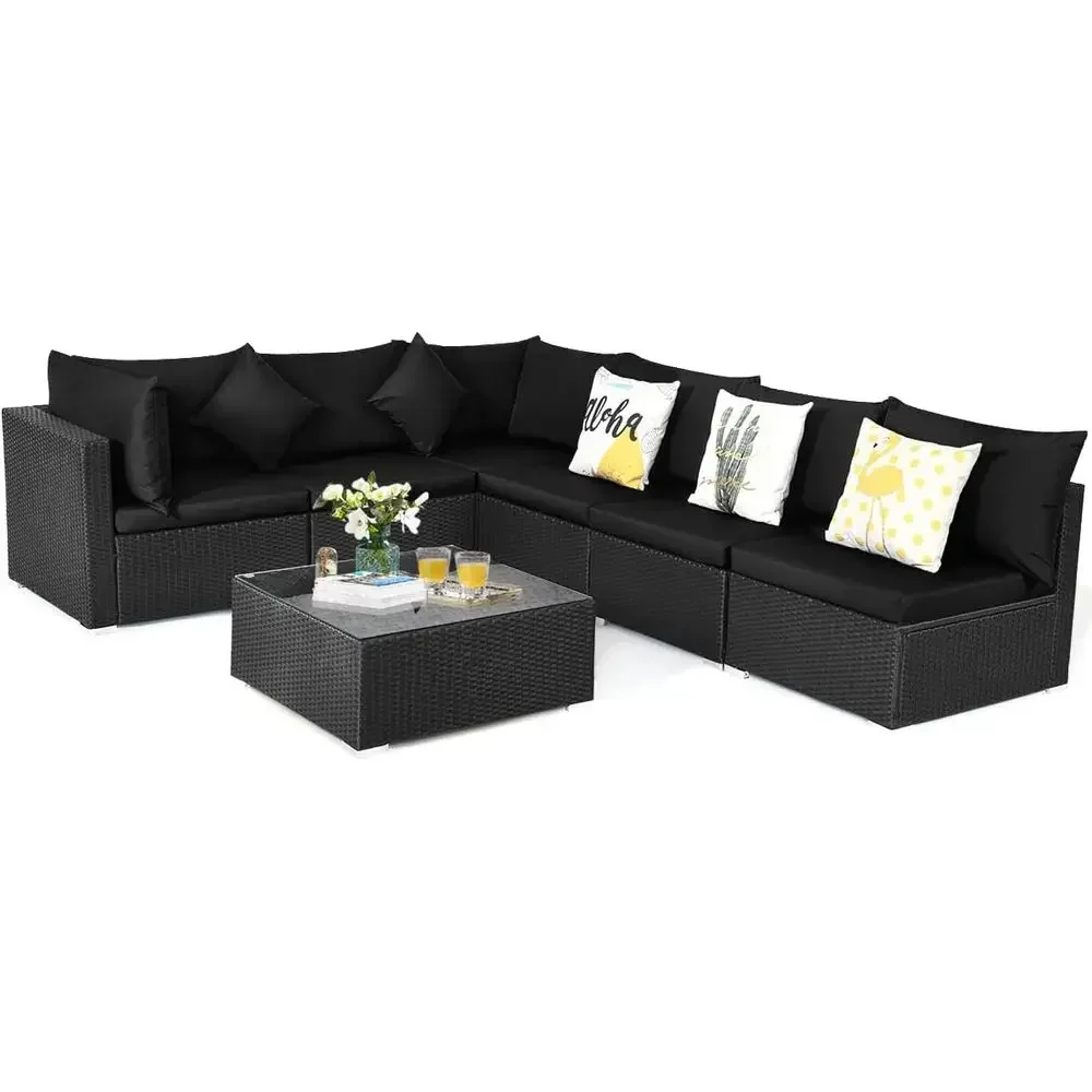 Outdoor Furniture Black - 6-Seat Outdoor Wicker Patio Furniture Set