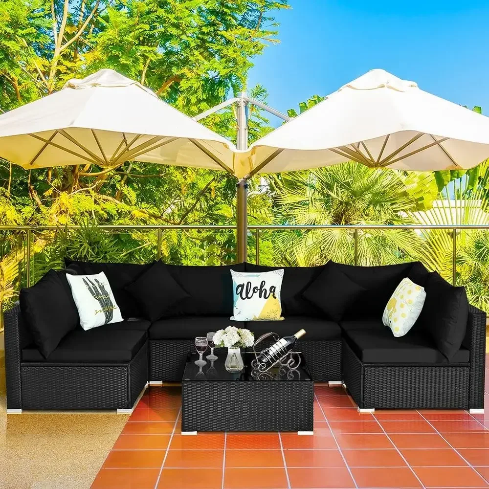 6-Seat Outdoor Wicker Patio Fu - Outdoor Furniture Black ulasan dan harga